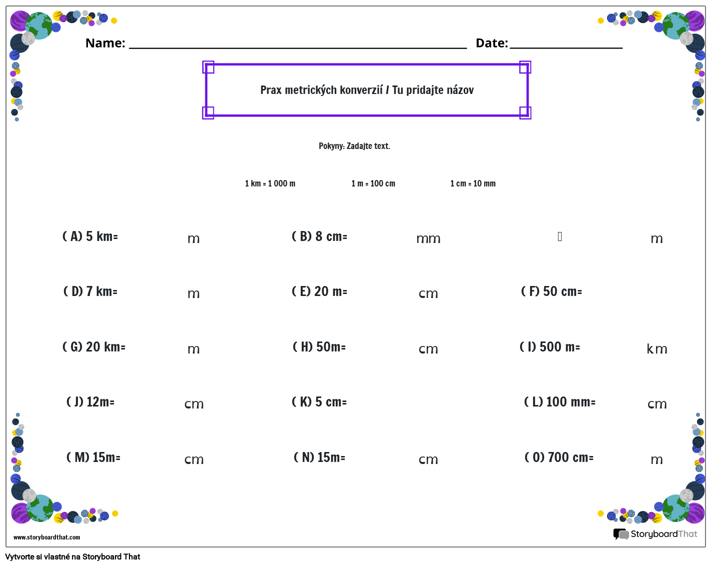 Pracovný list metrických jednotiek dĺžky s ohraničením planét