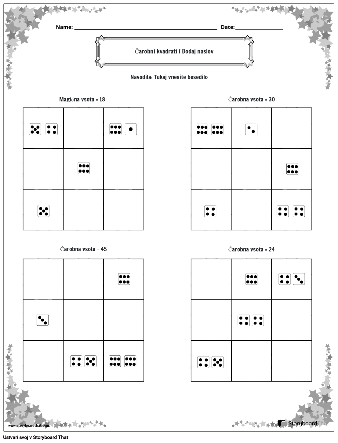 Delovni list Čarobni kvadrati za štetje kock z zvezdno obrobo (črno-belo)