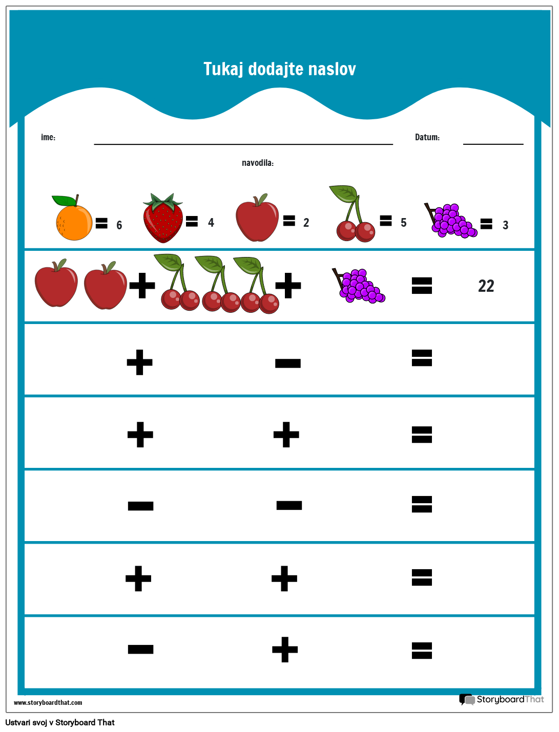 Delovni List Fruity Math Game