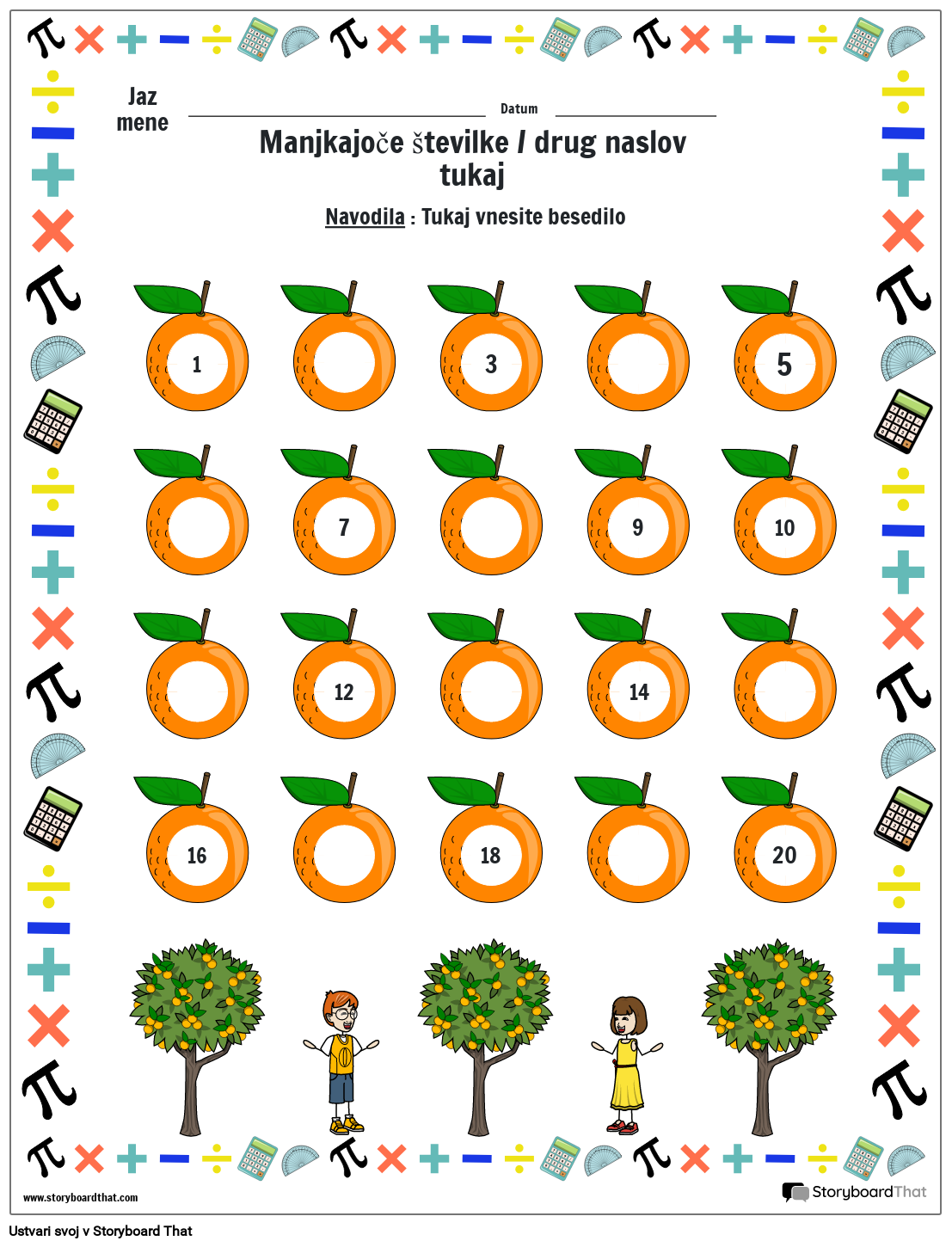 Delovni list z manjkajočimi številkami s pomarančami