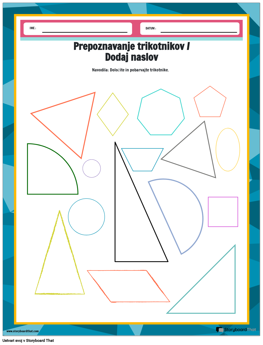 Delovni list za barvanje trikotnikov z različnimi oblikami