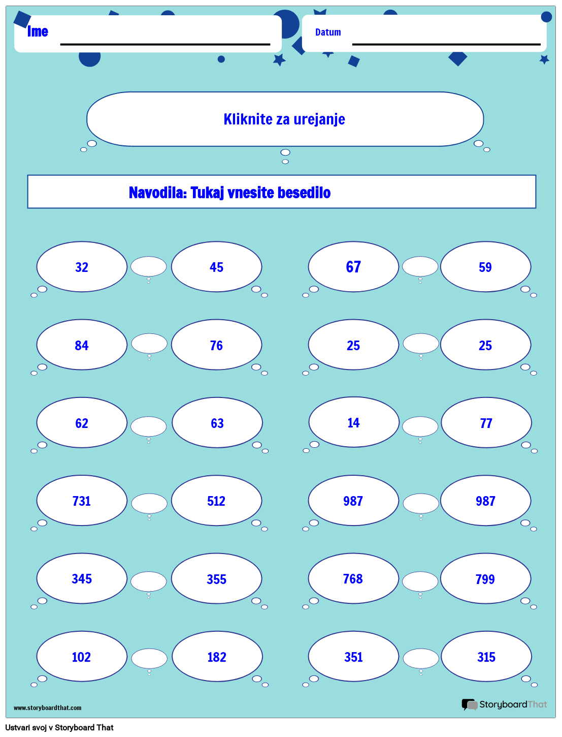 Delovni list za primerjanje števil z mehurčki