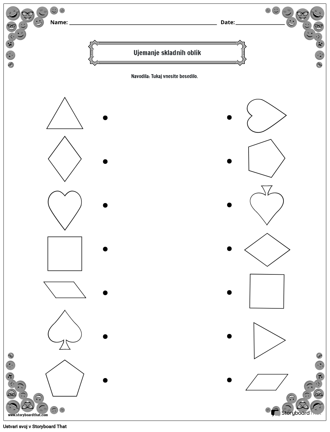 Delovni list za ujemanje skladnih oblik z obrobo nasmeška (črno-belo