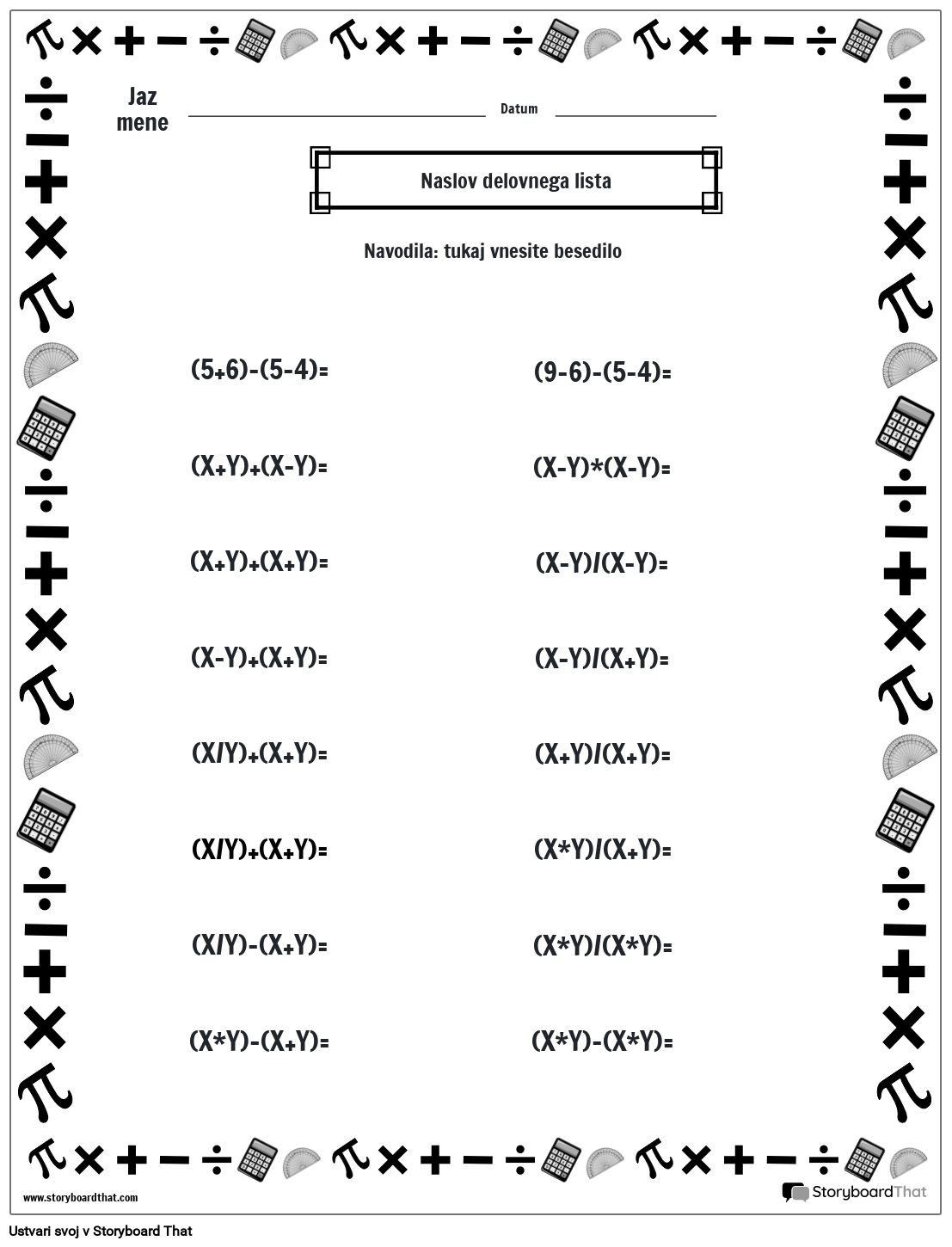 Delovni list za vrstni red operacij z matematično obrobo (črno-belo)