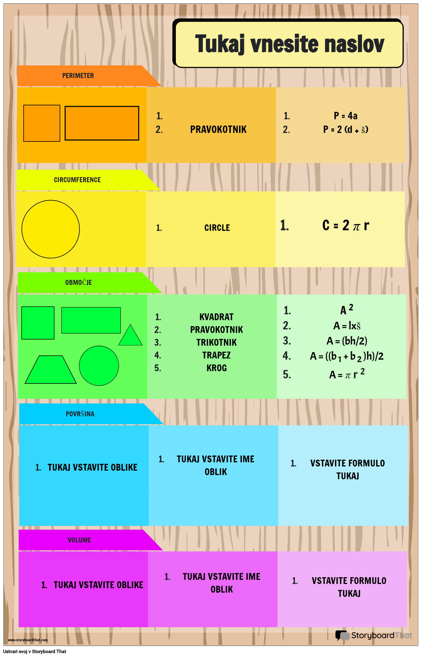 Plakat z osnovnimi matematičnimi formulami z oblikami in mavričnimi barvami