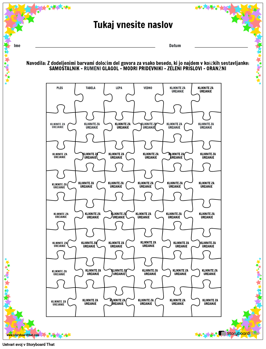Slovnični delovni list Puzzle z zvezdno obrobo