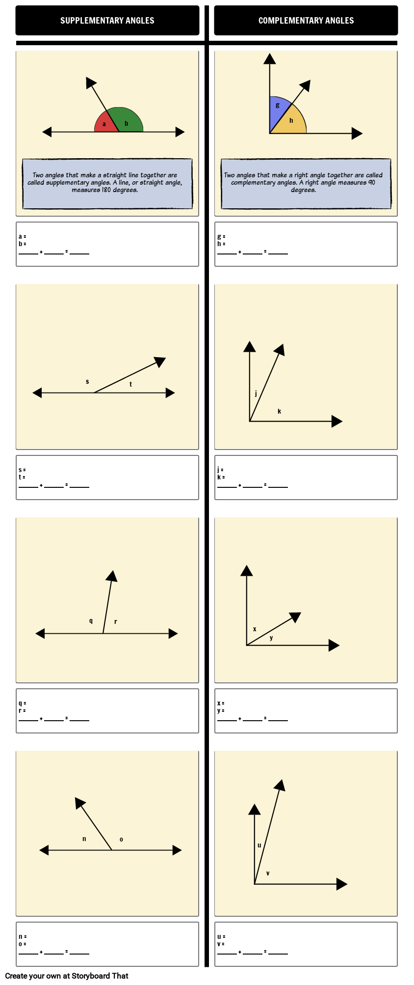 Ângulos complementares, suplementares, verticais e adjacentes imprimível 7ª  série planilhas