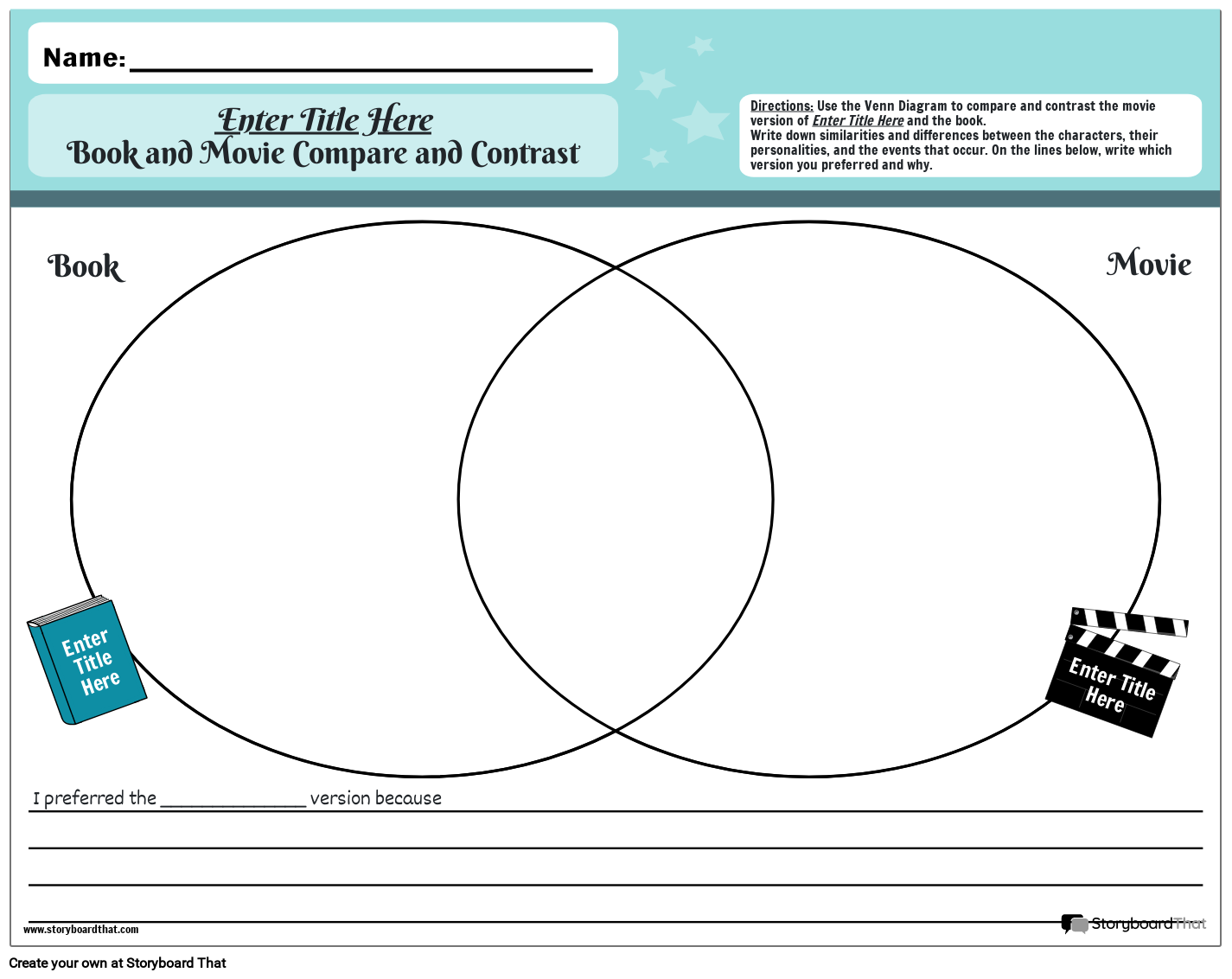 Book Vs Movie Venn Diagram Template Storyboard