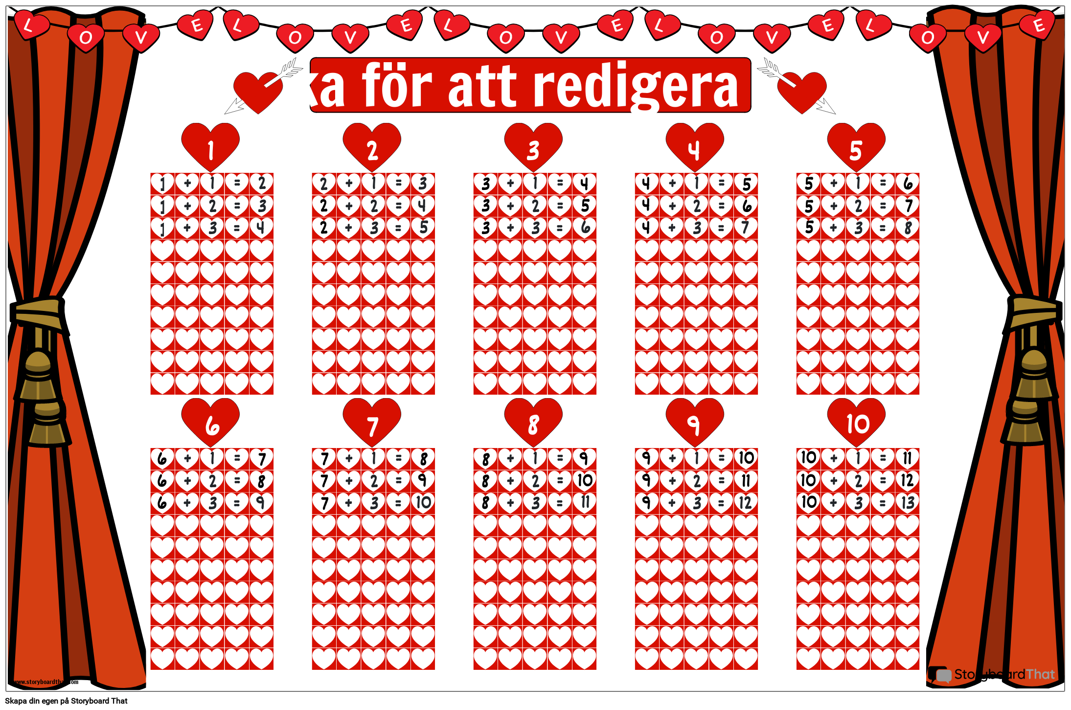 Gratis utskrivbar tilläggsdiagram affisch med hjärtmotiv
