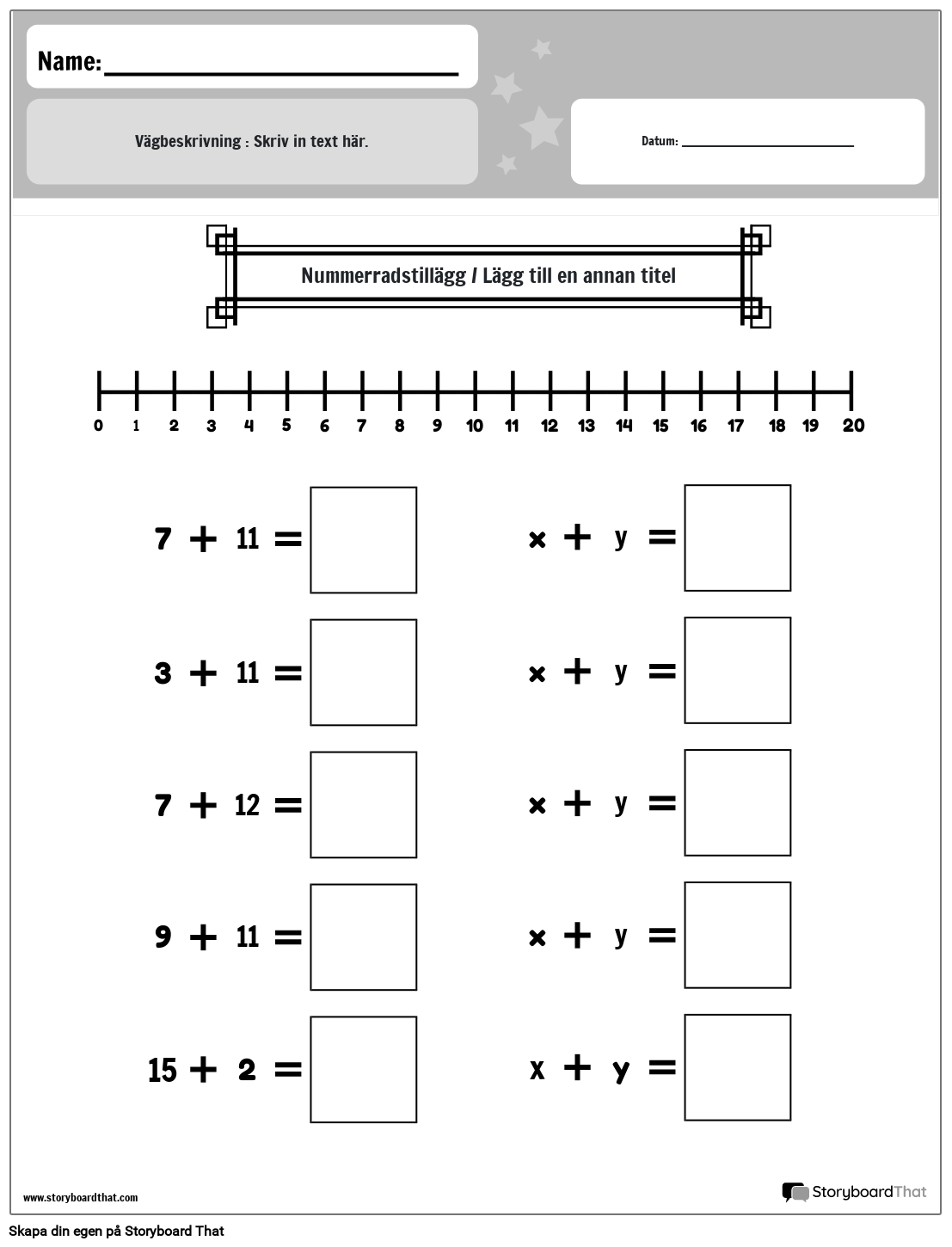 Kalkylblad för addition av talrad (svartvitt)