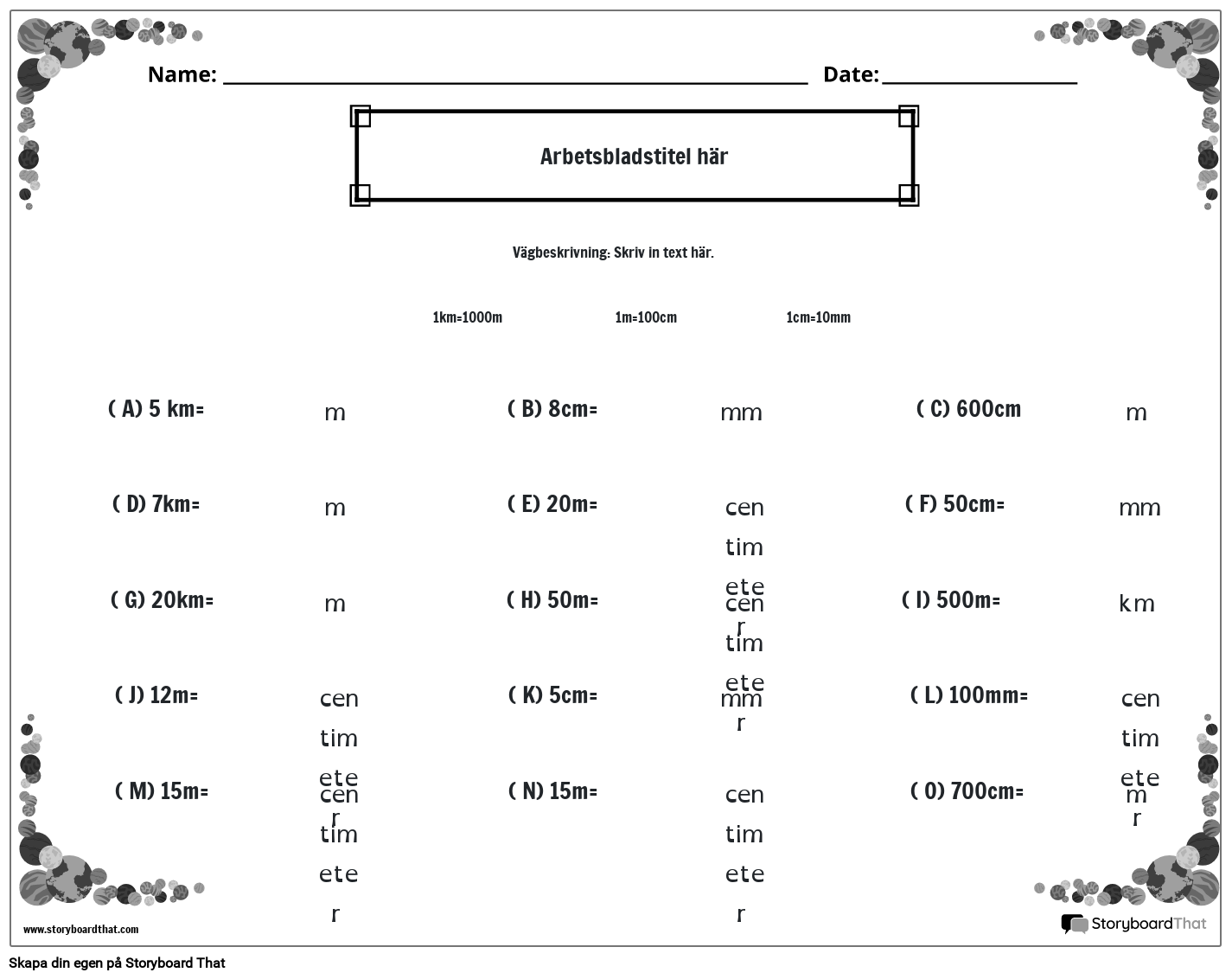 Kalkylblad för metriska längdenheter med planetkant (svart och vit)