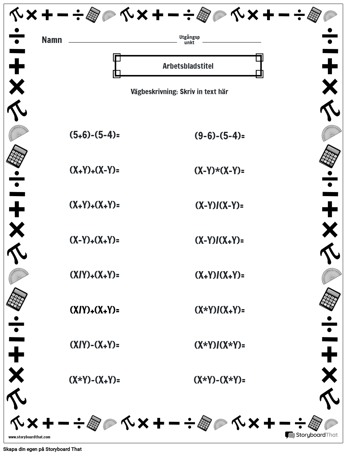 Kalkylblad för operationsordning med matematikkant (svartvitt)