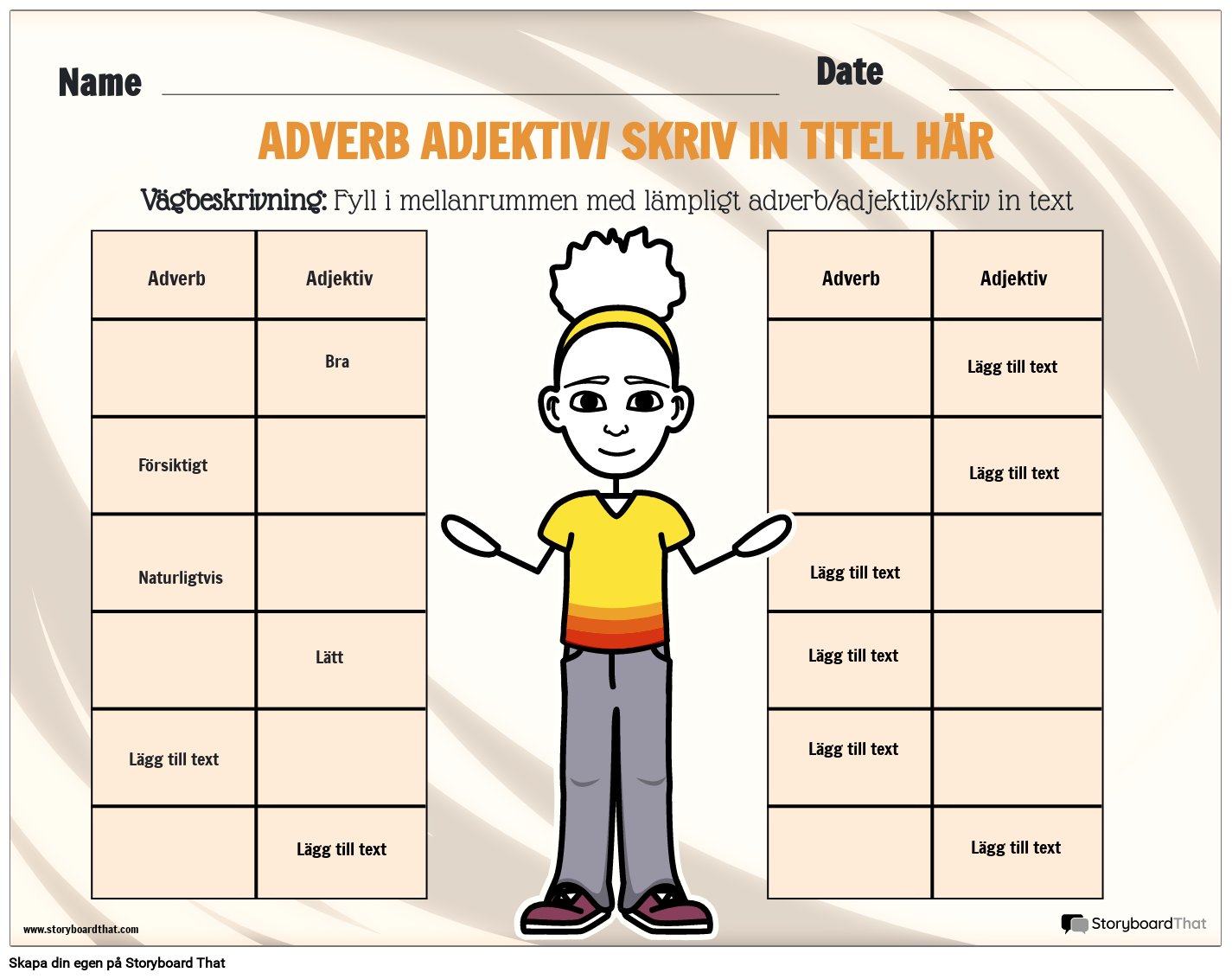 Utskrivbart kalkylblad för adverb och adjektiv