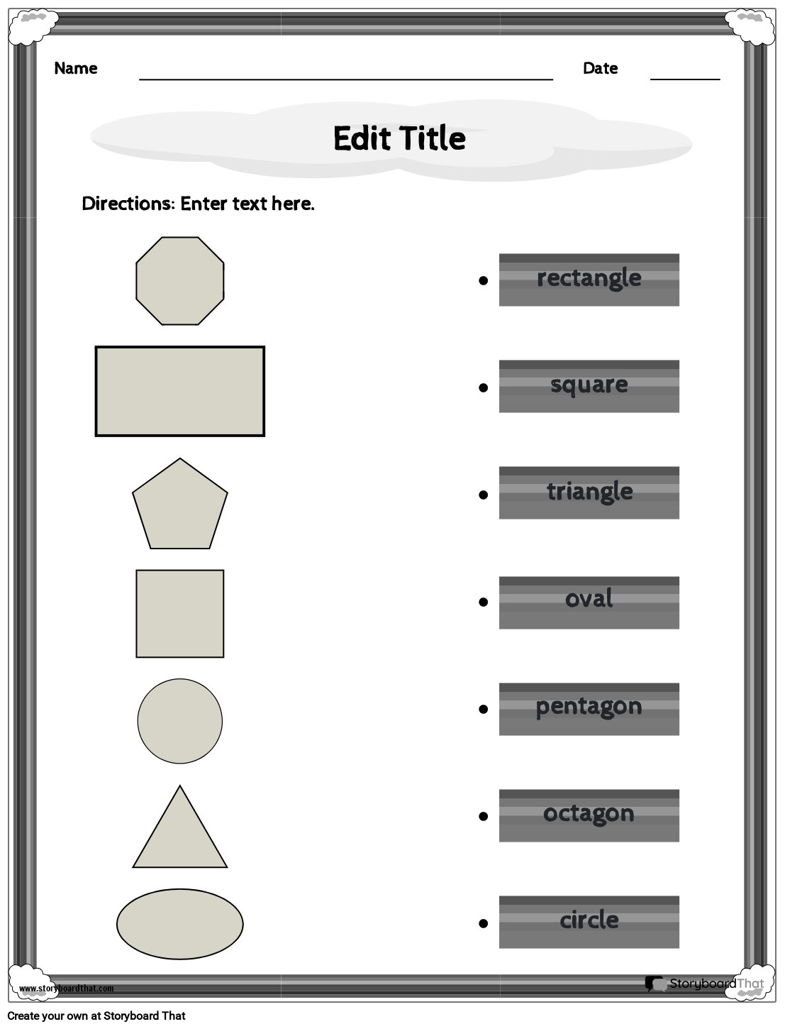 2D Shapes Worksheet with Rainbow B&W