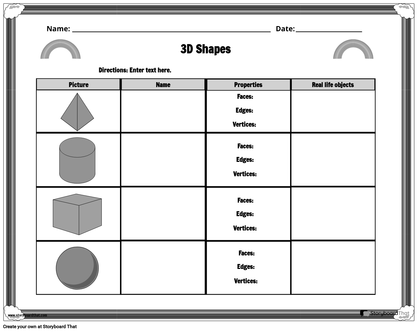 3D Shapes Worksheet with Rainbow B&W