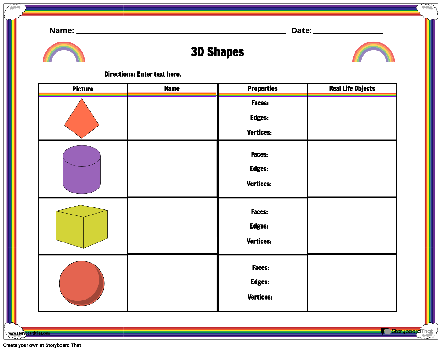 3D Shapes Geometry Worksheets with Rainbow