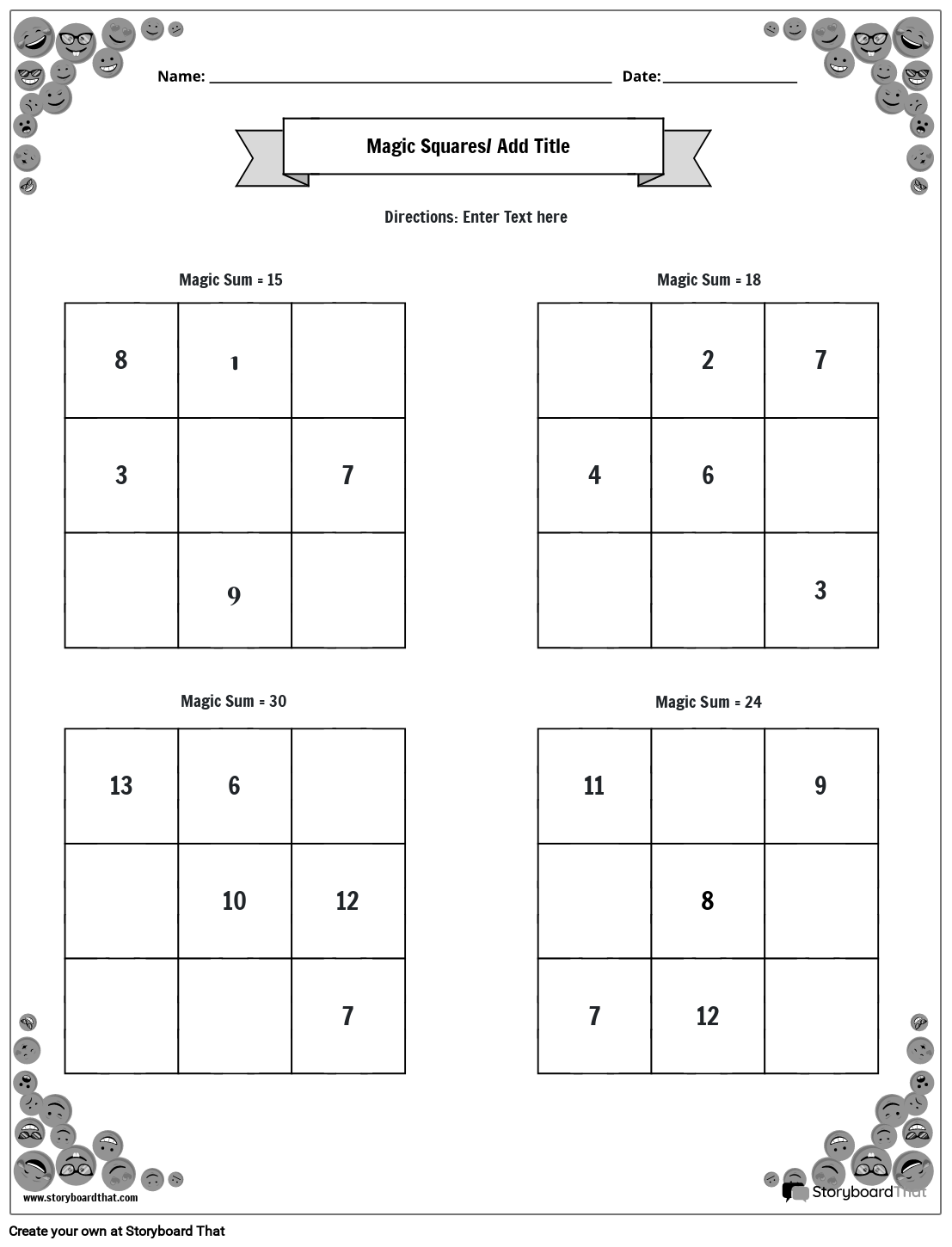3x3 Magic Squares Worksheet with Smiley Face Border (black and white)