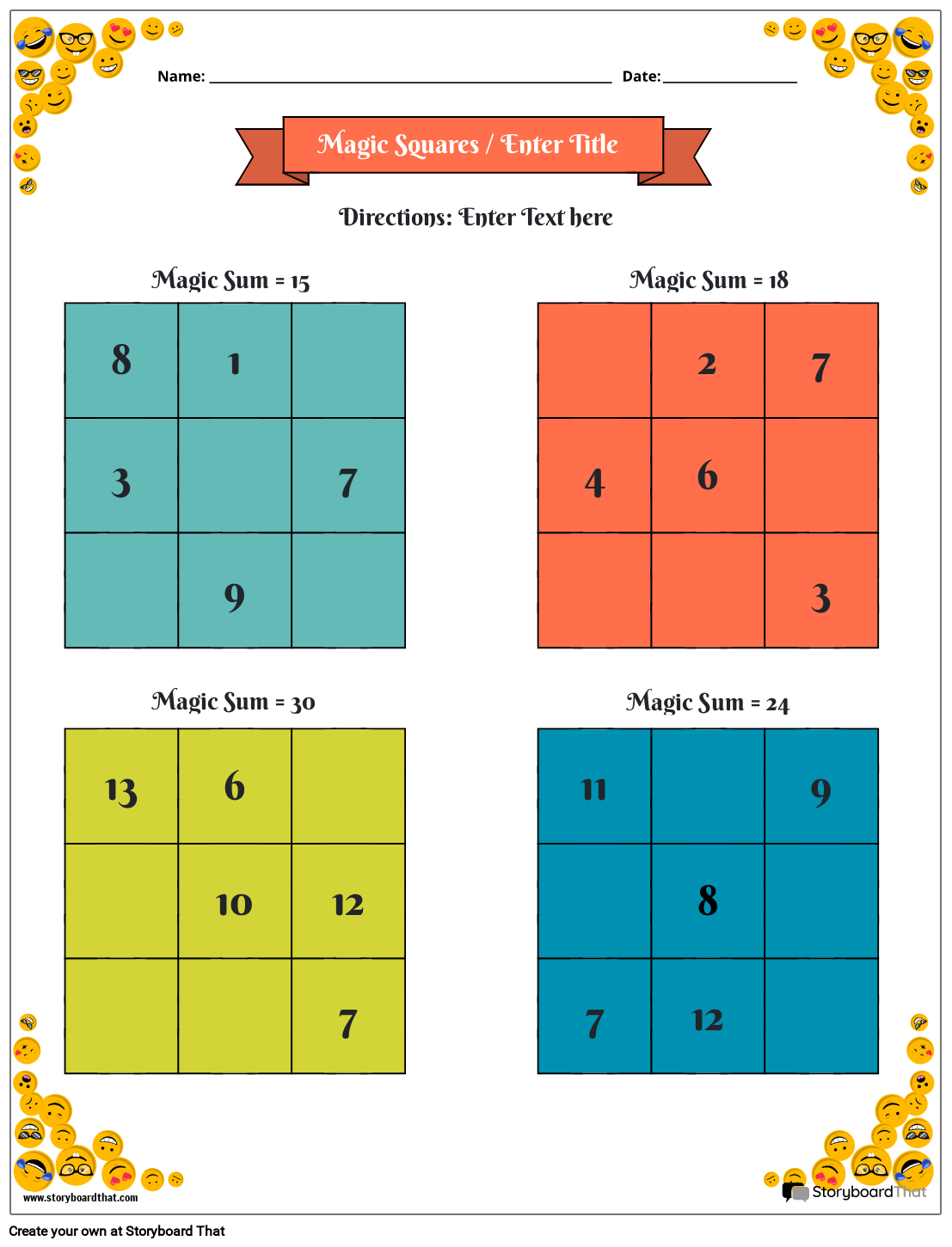 3x3 Magic Squares Worksheet with Smiley Face Border
