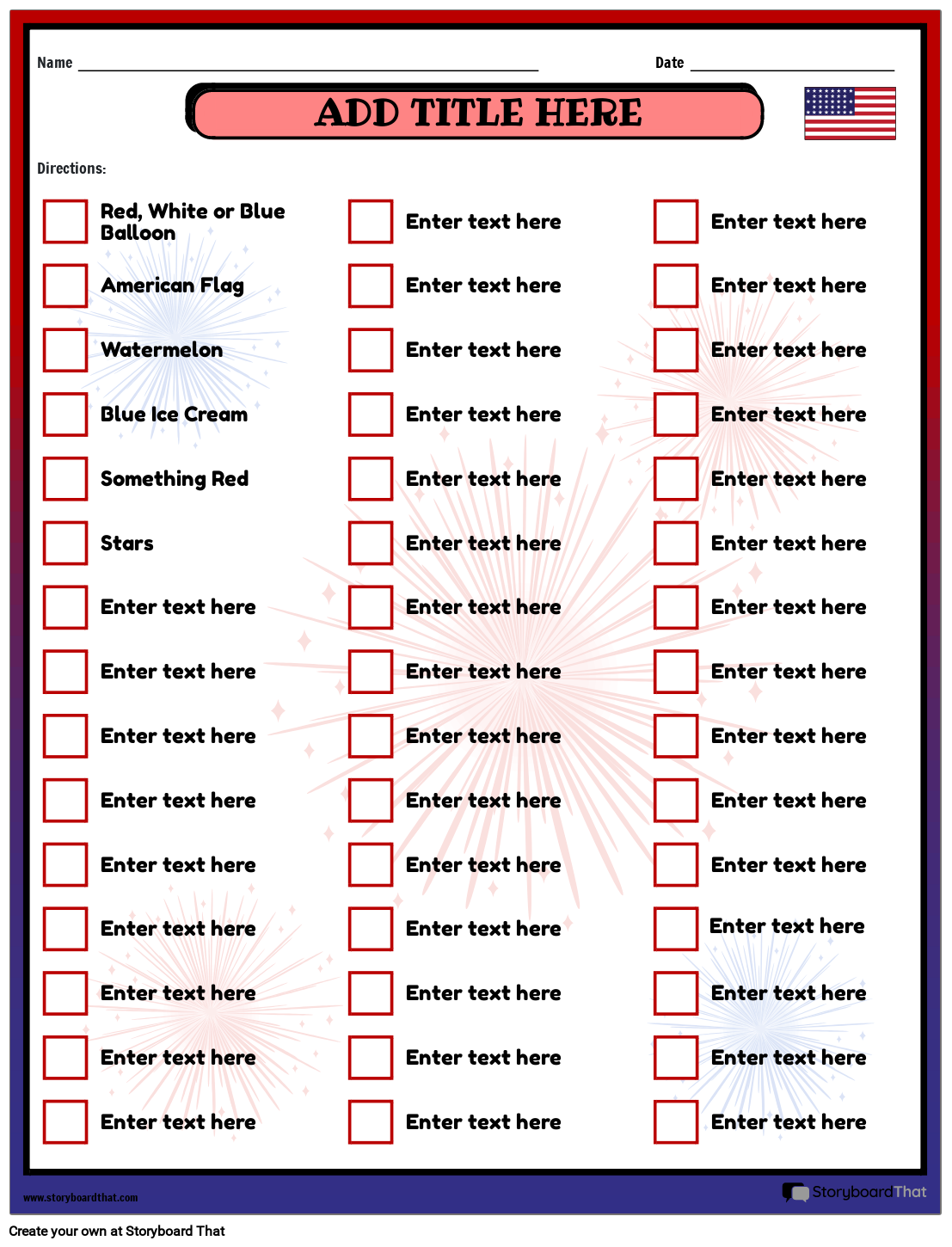 4th of July Scavenger's Hunt Worksheet