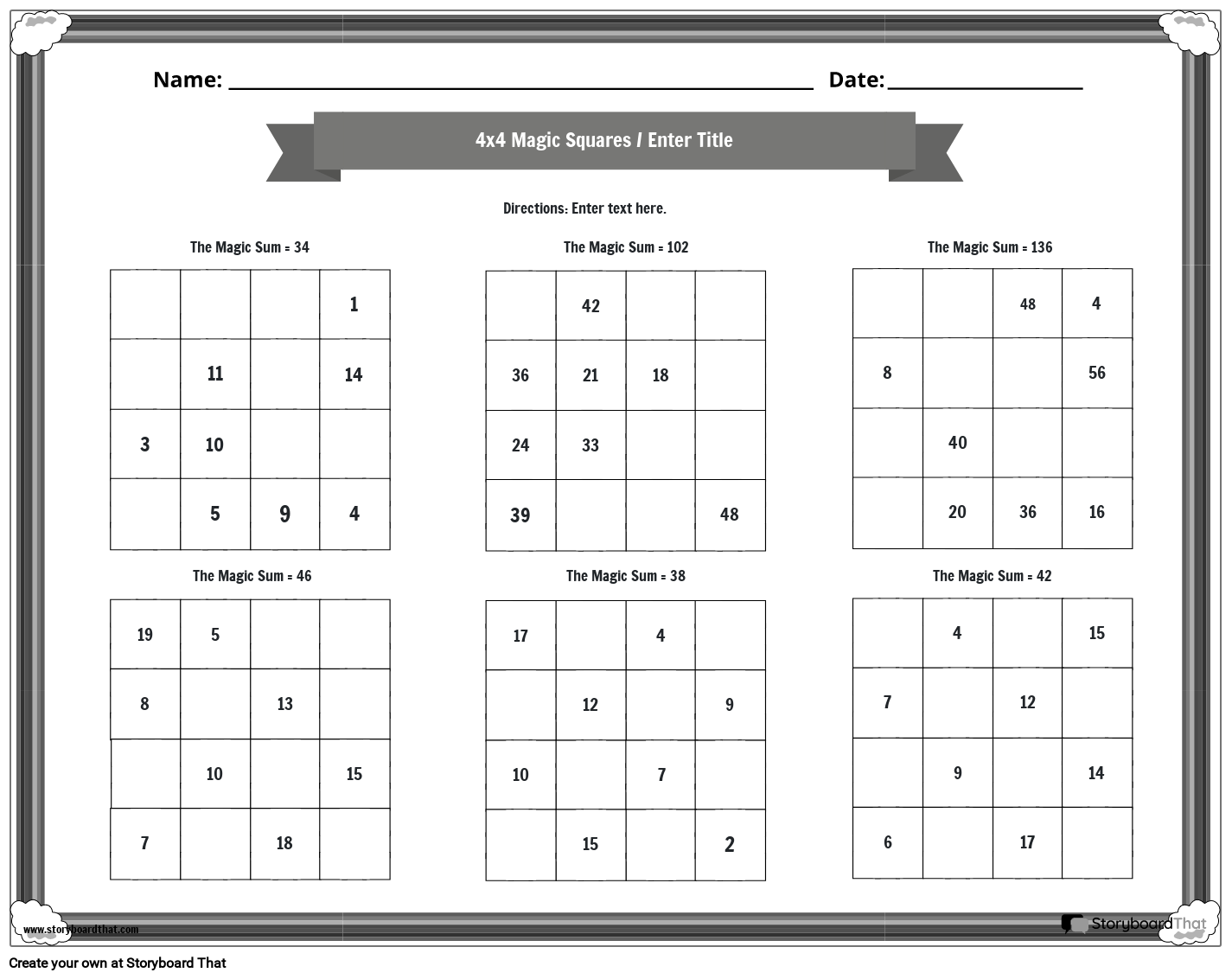 4x4 Magic Squares Worksheet with rainbow border (black and white)