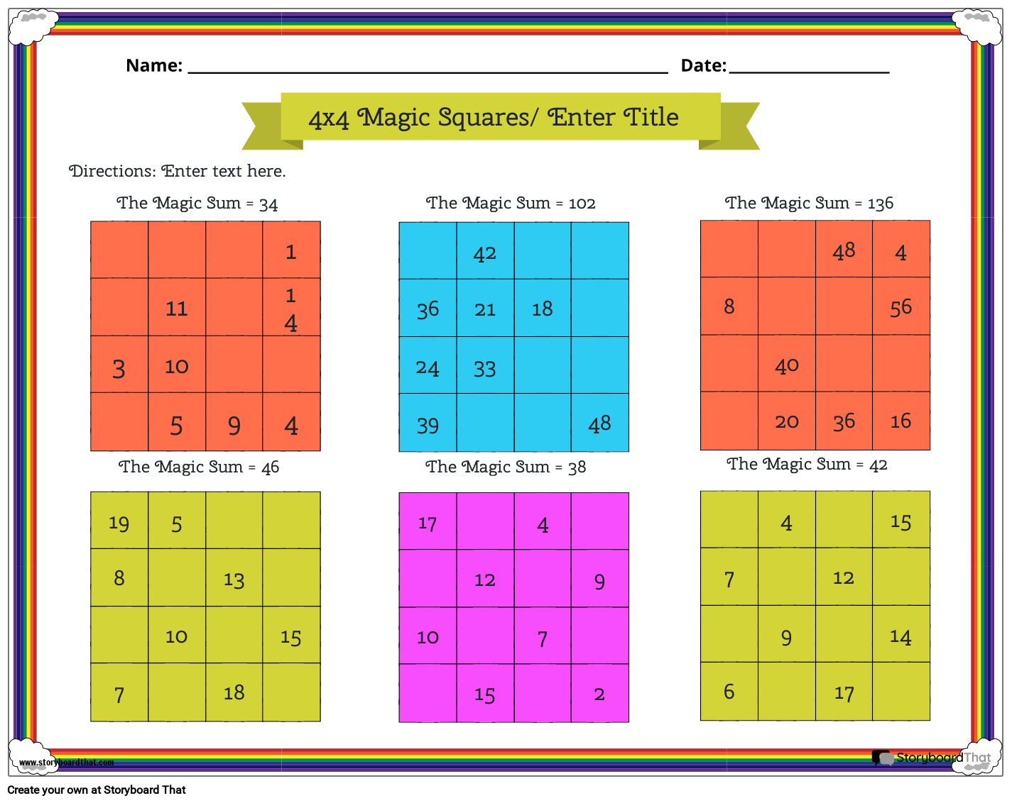 4x4 Magic Squares Worksheet with rainbow border
