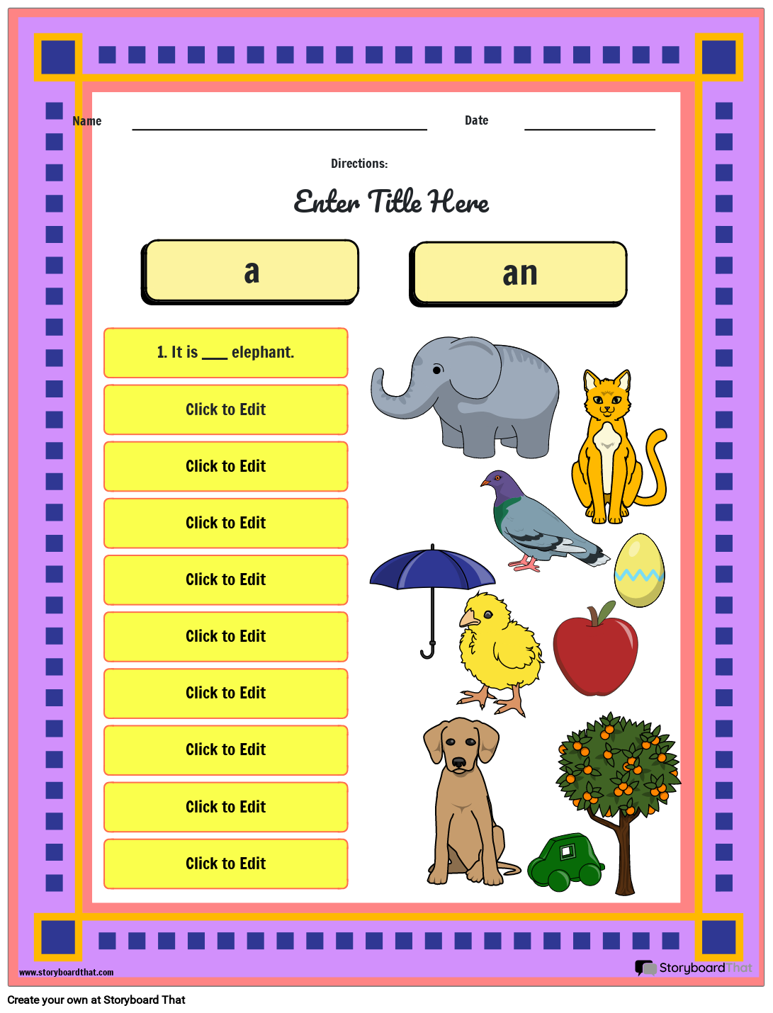 A and An Grammar Worksheet with Colorful Border