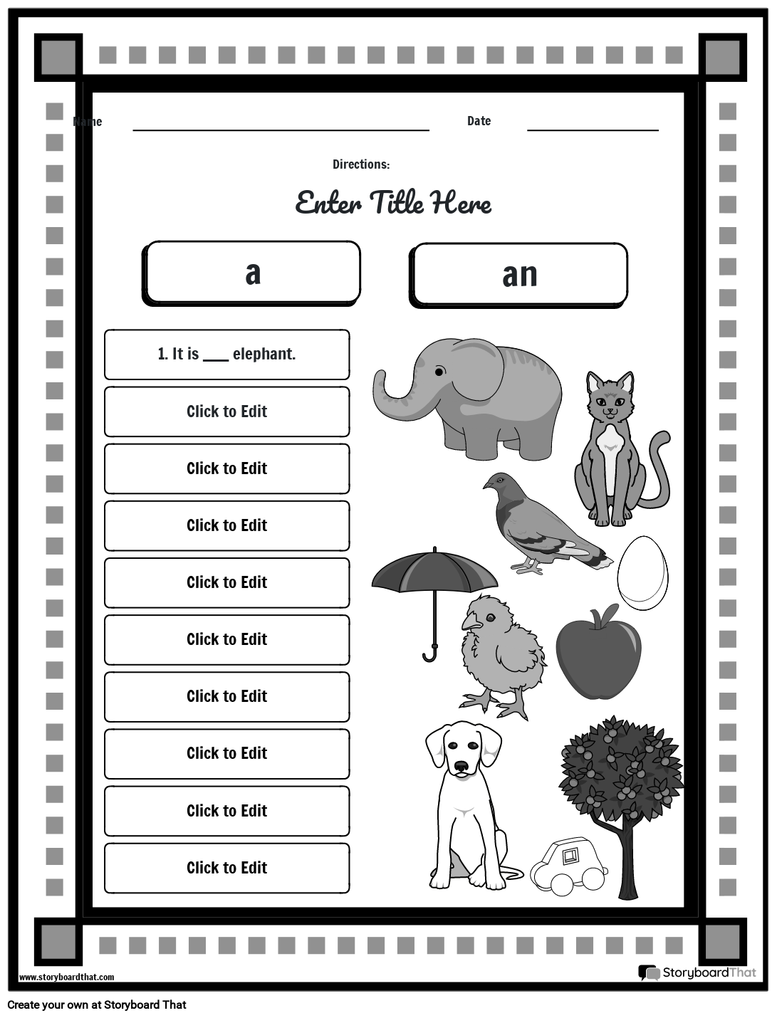 A and An Grammar Worksheet with Square Border - BW
