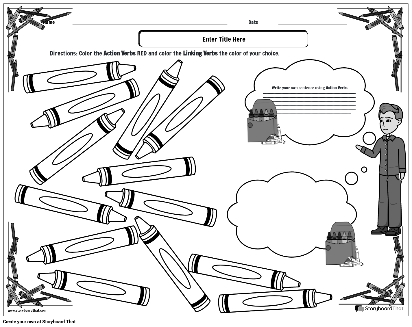 Action and Linking Verbs - Grammar Worksheet with Crayons - BW