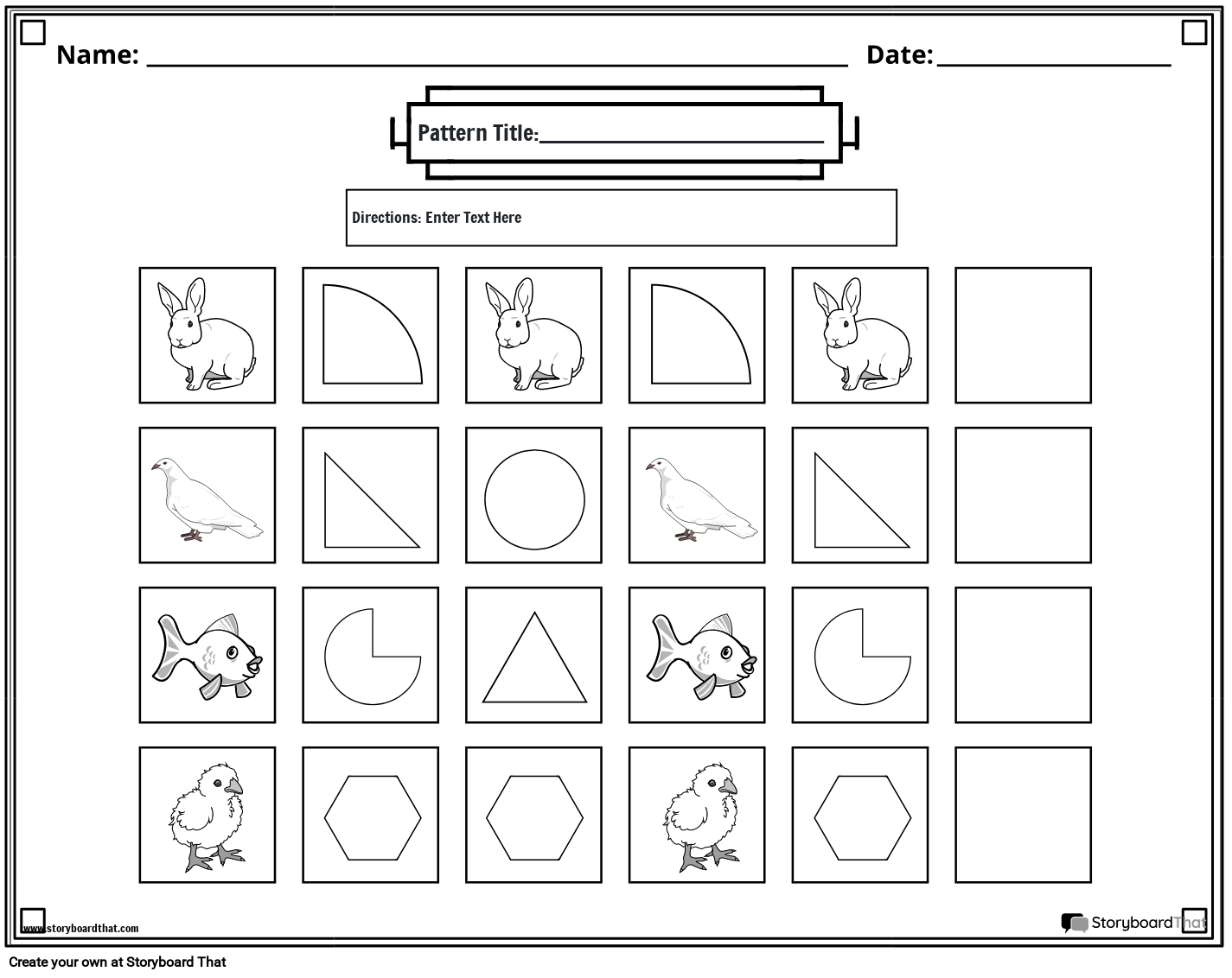 Animals & shapes pattern worksheet (black & white)