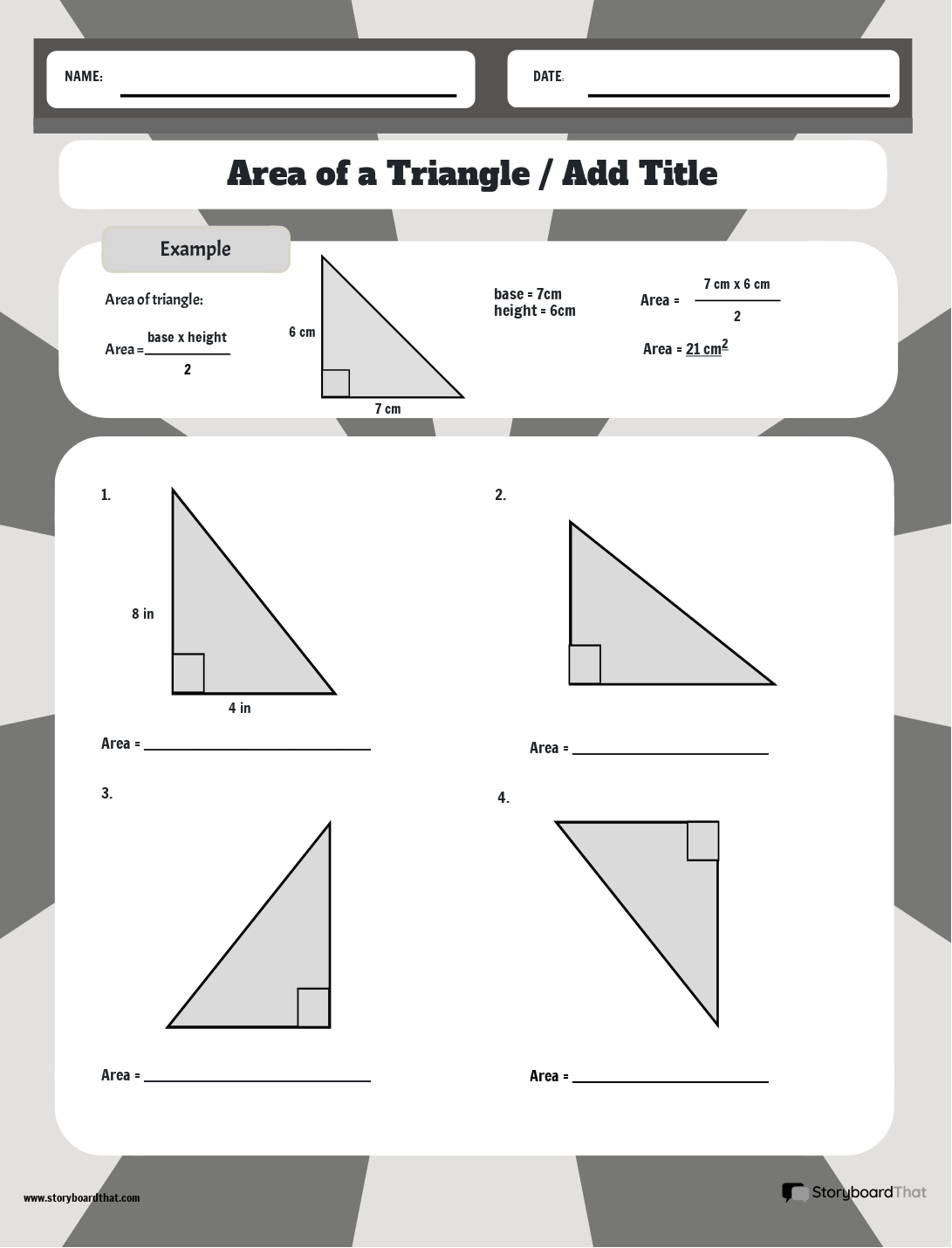Area of a Triangle Worksheet with Geometric Background - BW