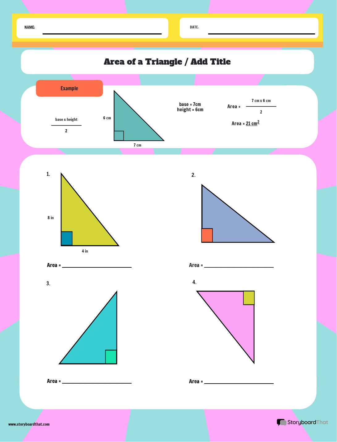 Area of a Triangle Worksheet with Geometric Background