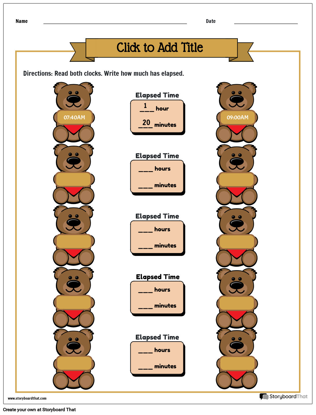Bear Themed Elapsed Time Worksheet