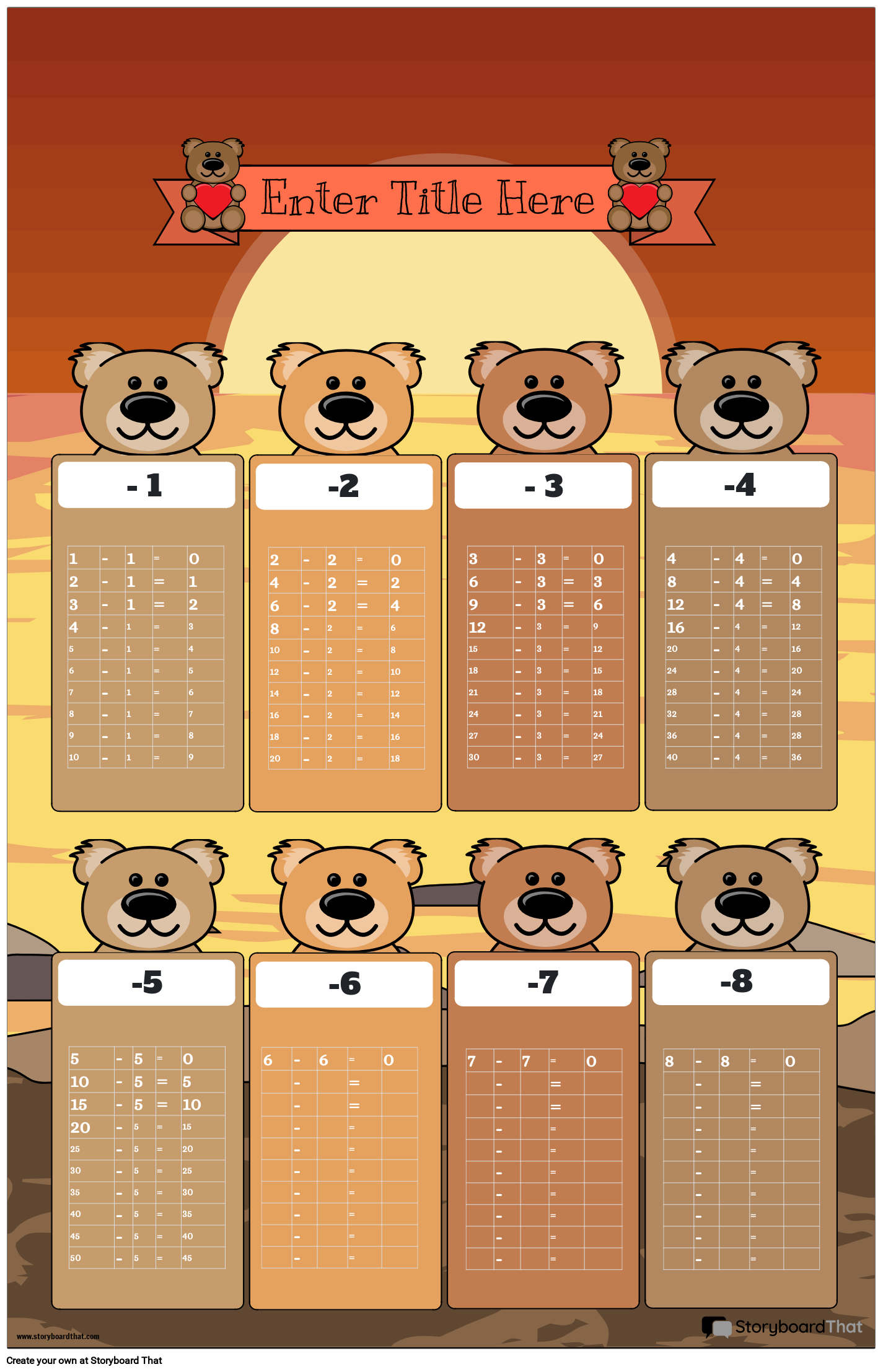 Bear-themed Subtraction chart Poster