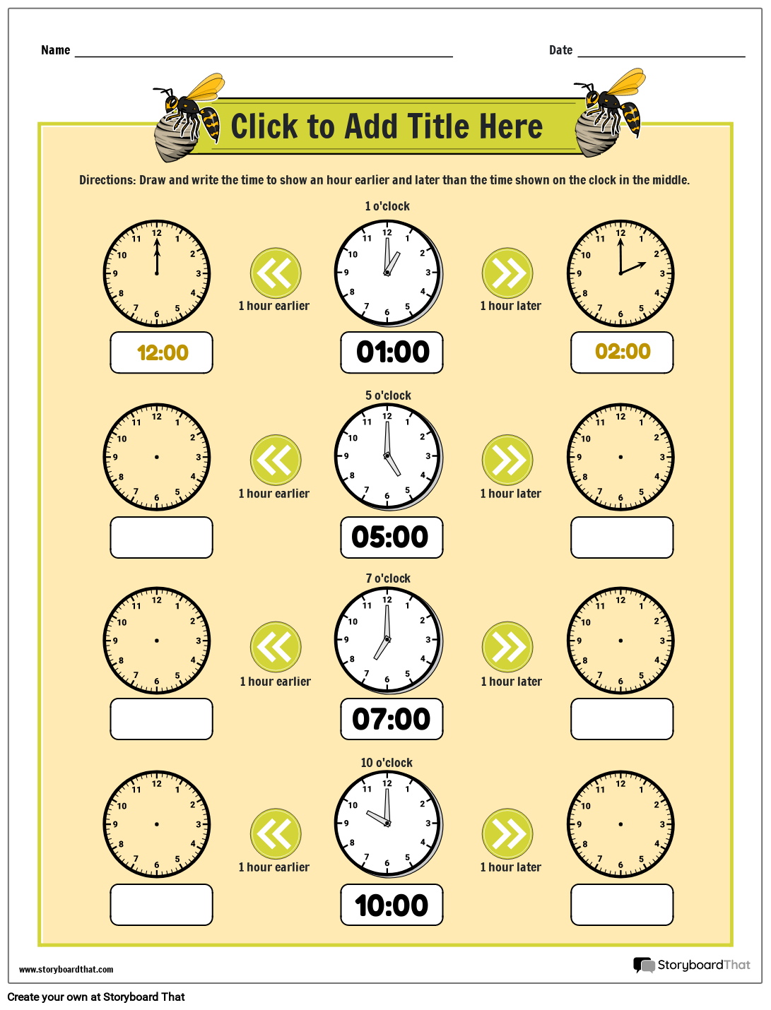 Bee Themed Elapsed Time Worksheets - Earlier and Later