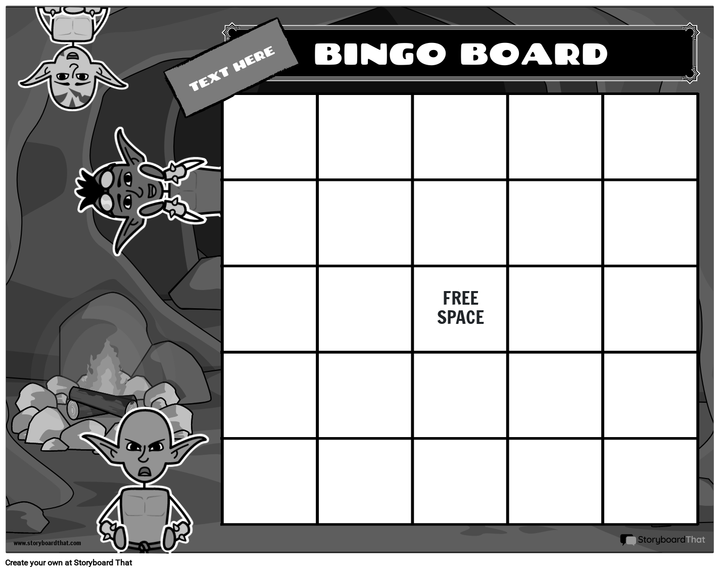 Black & White Cave Monster-Themed Bingo Card Template