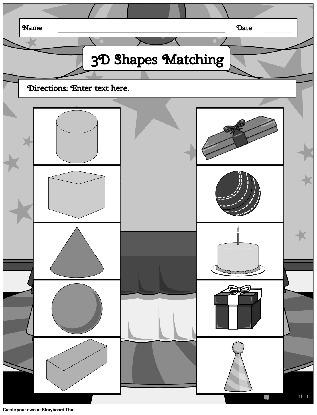 Birthday-themed 3D Flat Shapes and Flat Surfaces Worksheet