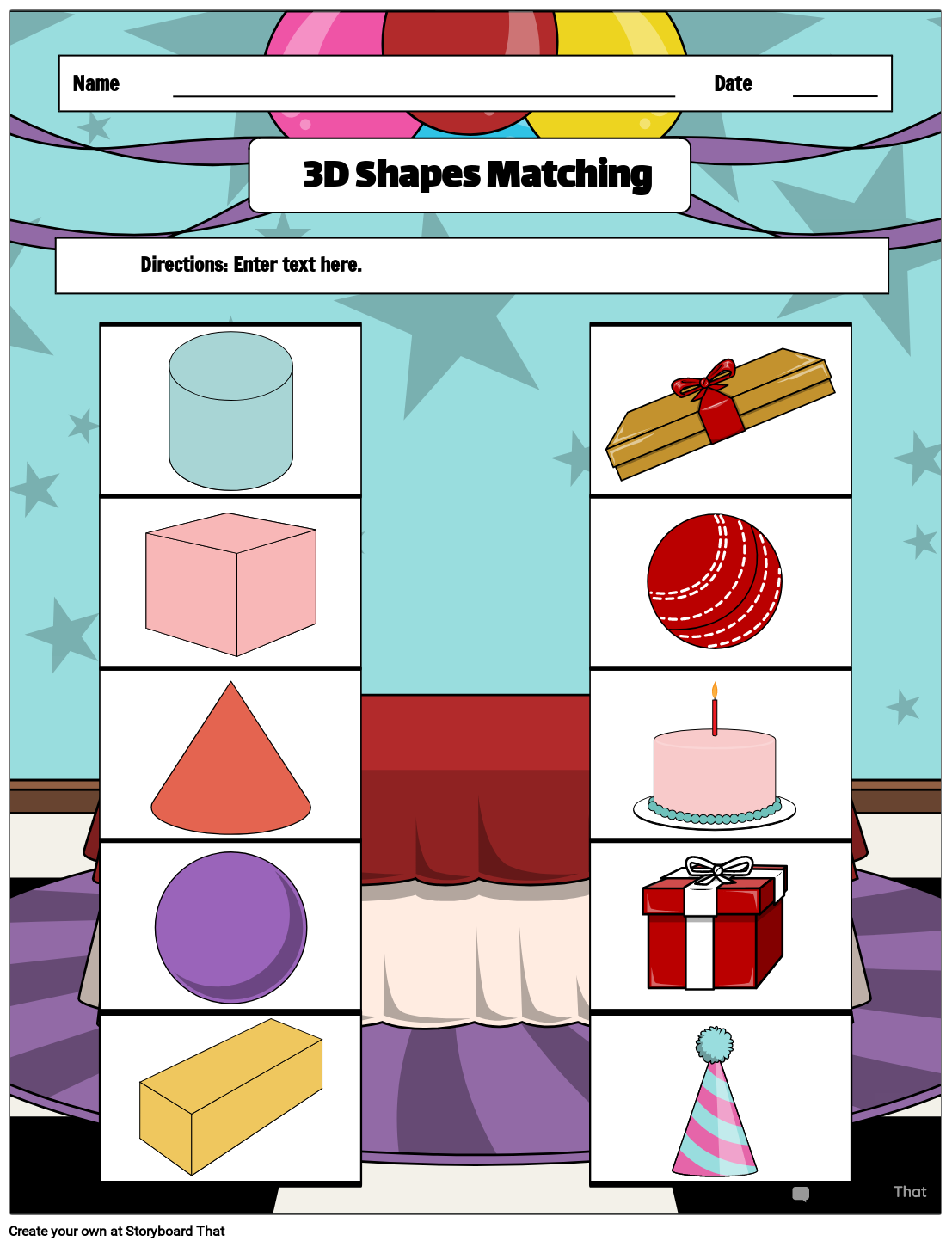 Birthday-themed 3D Shapes Worksheet