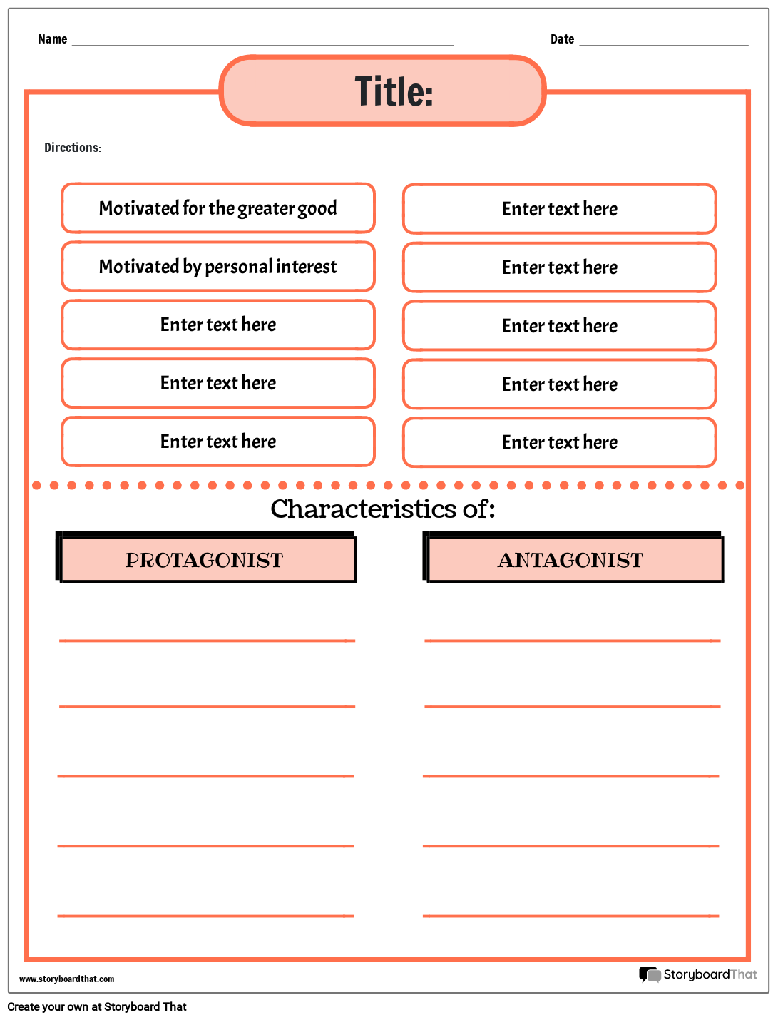 Characteristics of Protagonist Vs Antagonist Worksheet