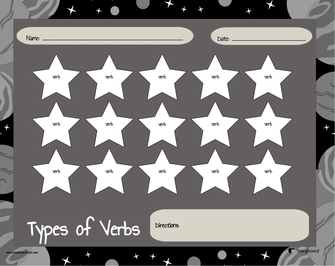 Color the Stars Verb Tense Printable Black and White