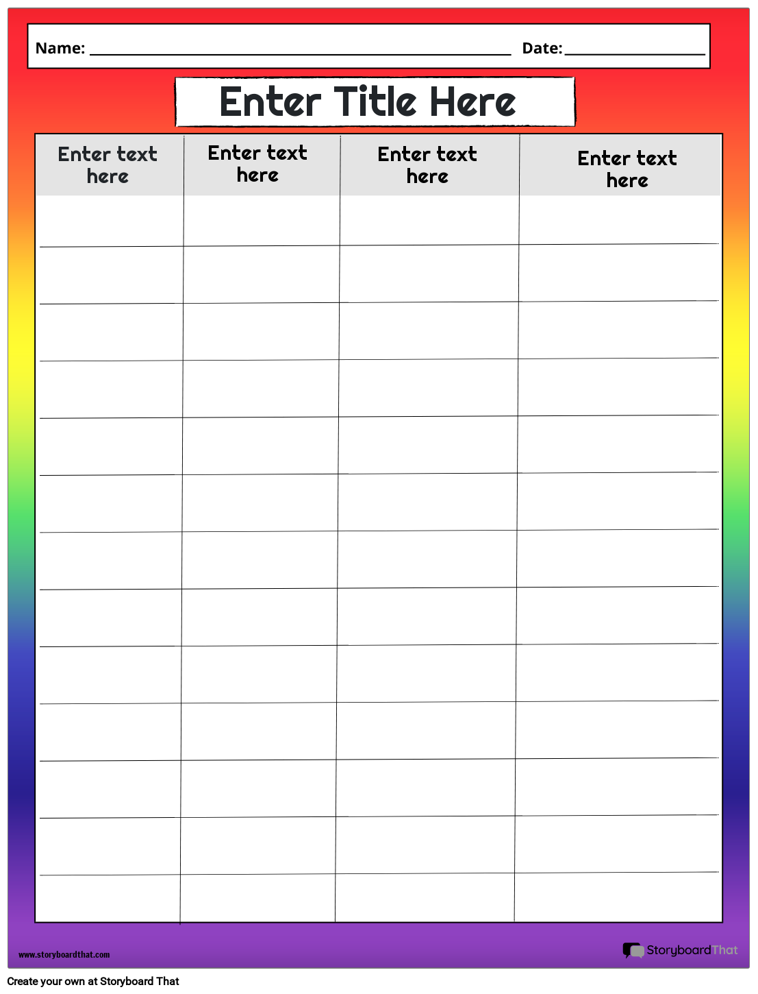 Table Worksheet Template with Bright Colorful Background