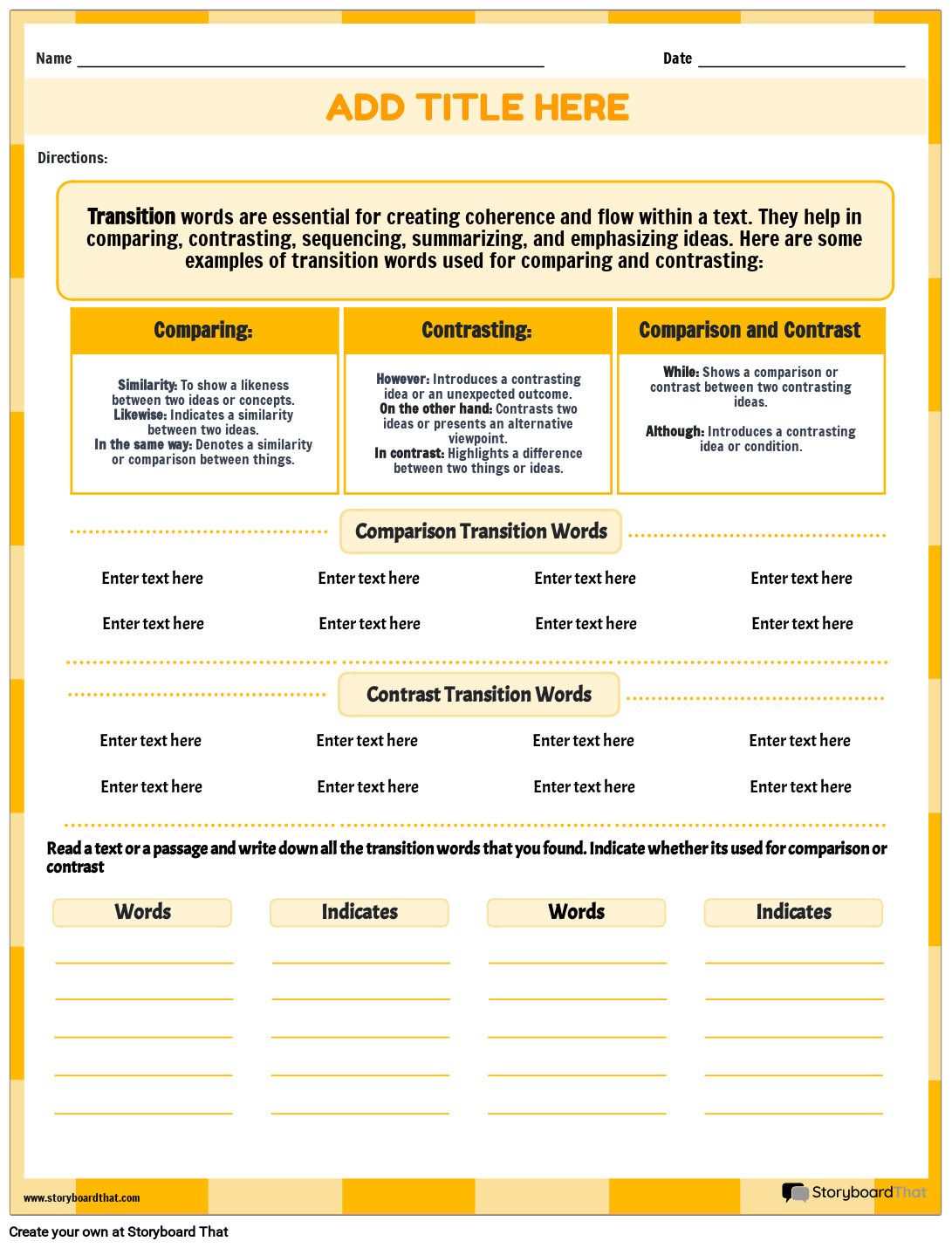 Compare and Contrast - Transition Words Worksheet