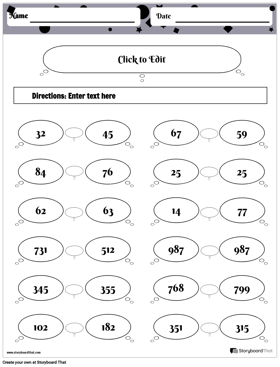 Comparing Numbers Worksheet with Bubbles B&W