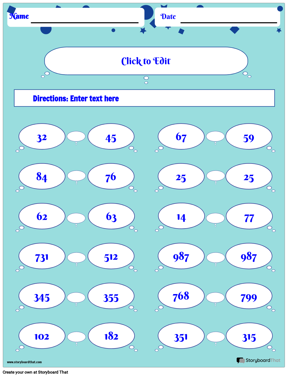 Comparing Numbers Worksheet with Bubbles