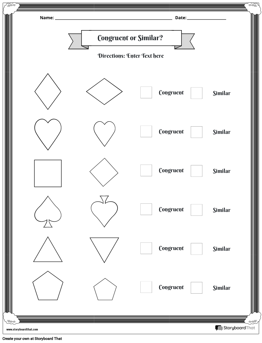 Congruent or similar Shapes Worksheet with Rainbow Border (black and white)