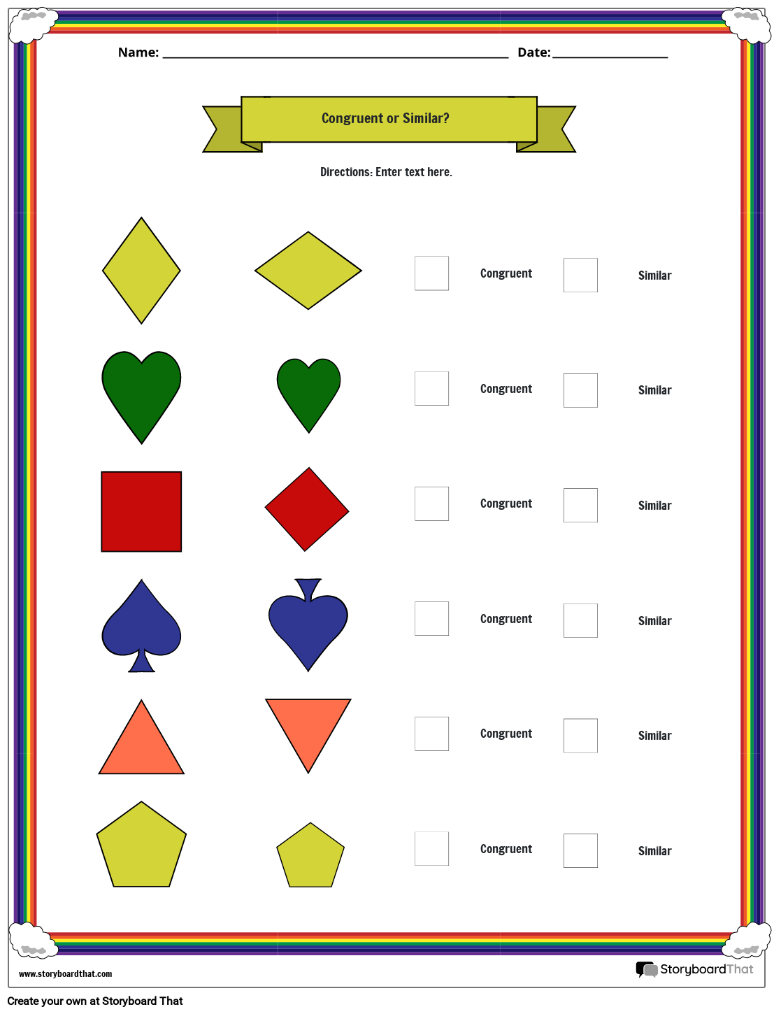 Congruent or Similar Shapes Worksheet with Rainbow Theme