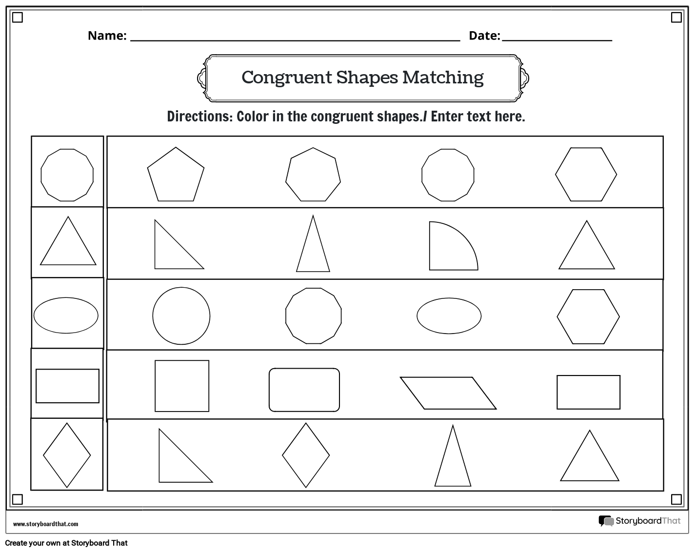 Congruent Shapes Worksheet with Coloring (black and white)