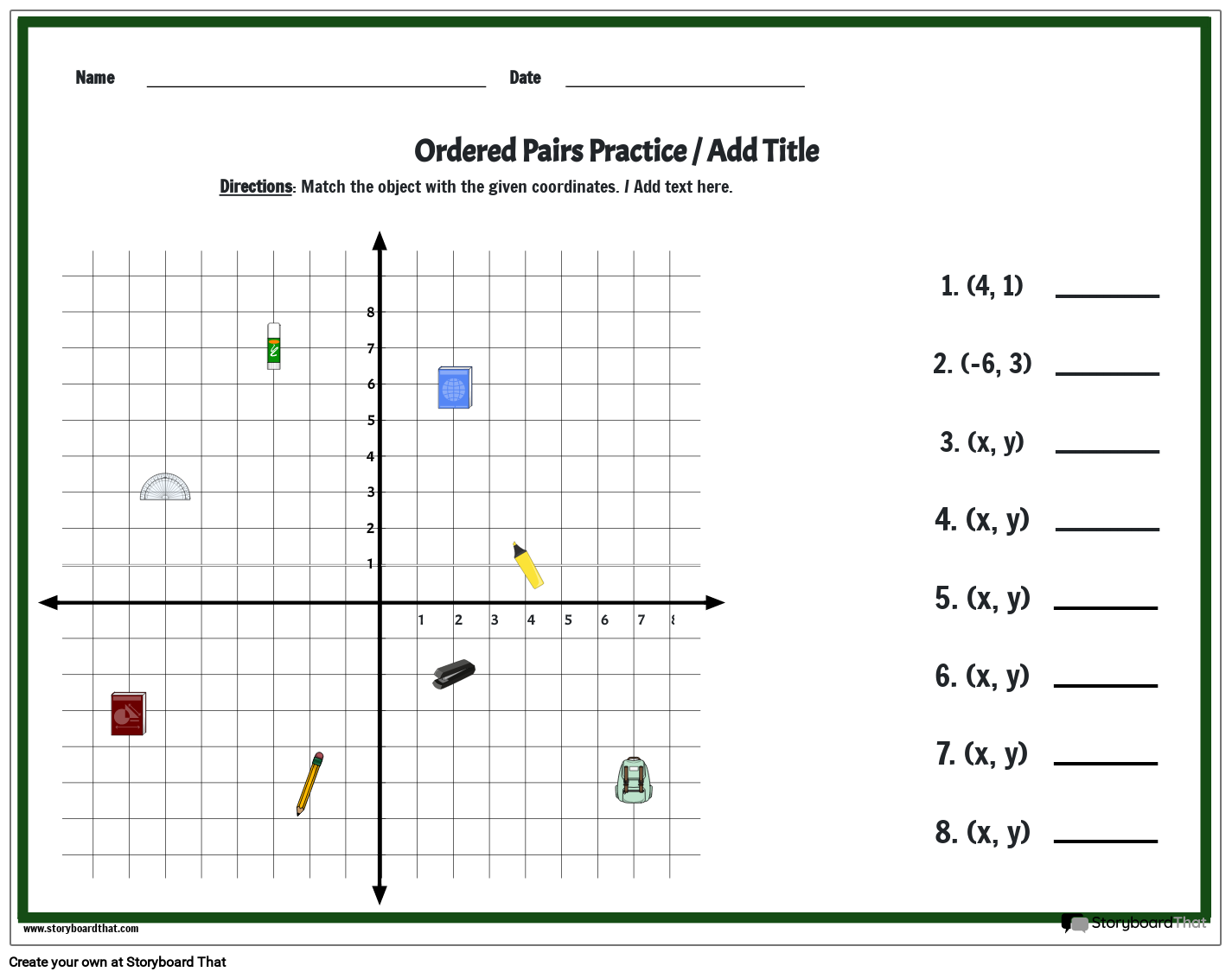 Coordinates Worksheet with Classroom Objects