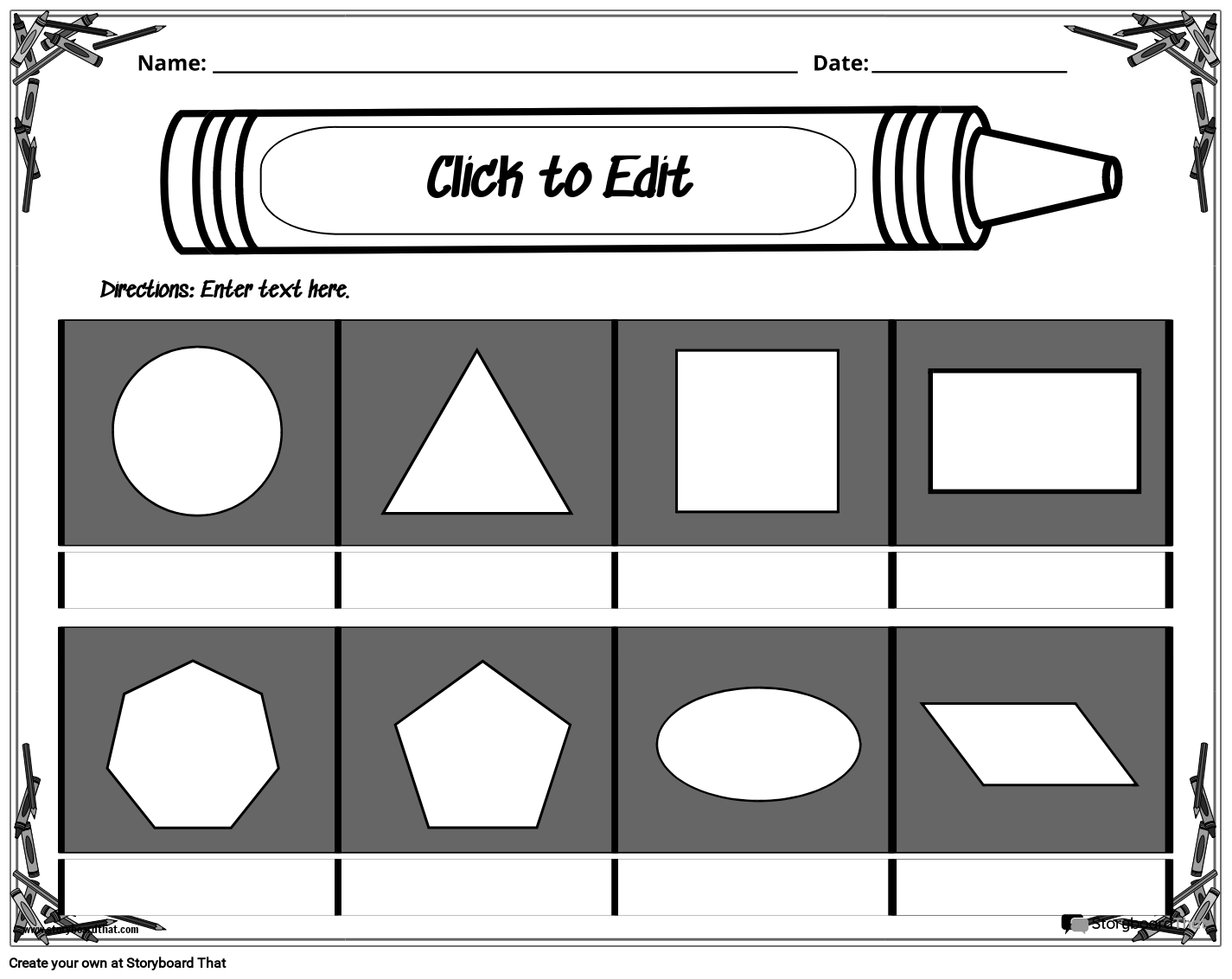 Crayons-inspired 2D Shapes Worksheet B&W