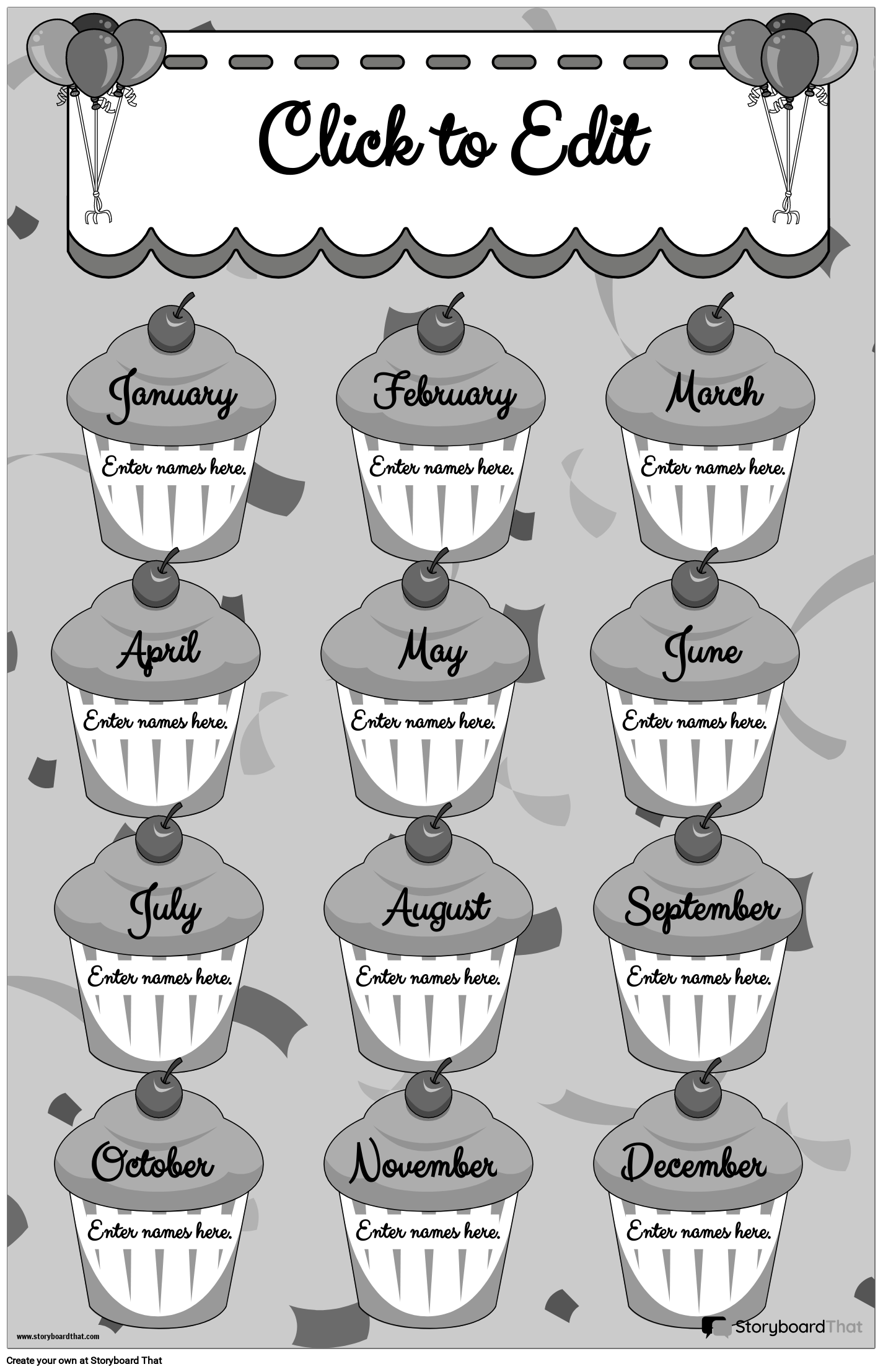 Cupcake-themed Birthday Poster B&W