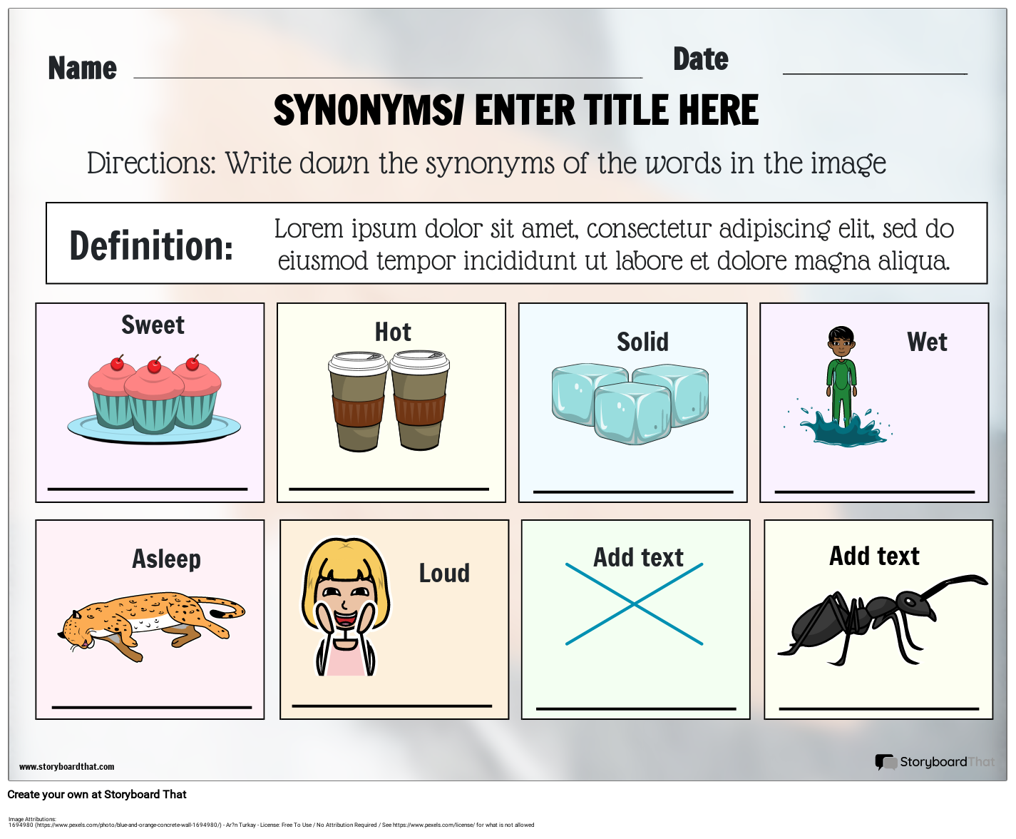 Customizable Synonyms Worksheet